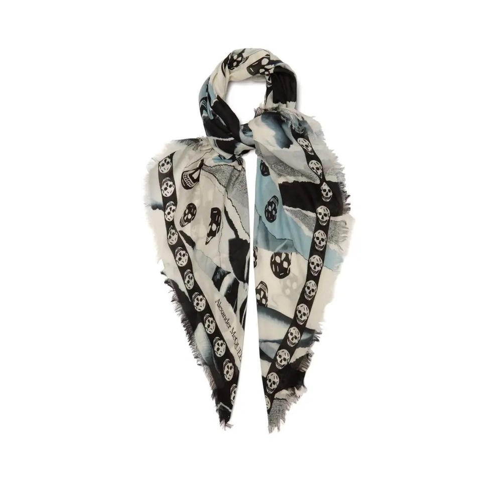 Alexander McQueen signature binary themes of the macabre and romance Blue Scarf